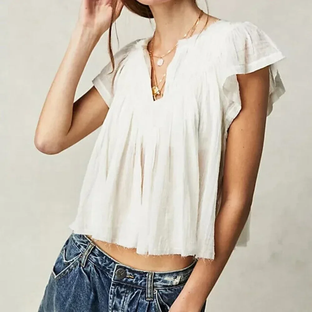Free People FP One Padma Top Ivory V Neck Flutter Sleeve S